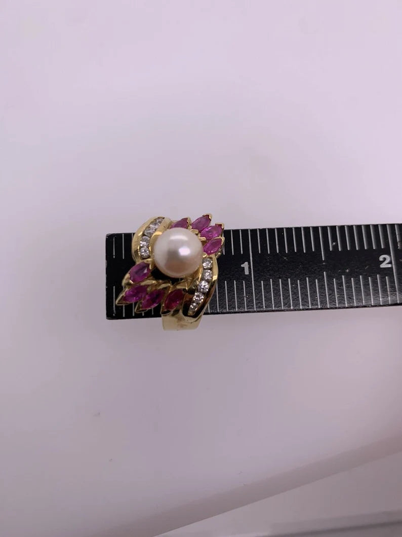 Retro Gold Cocktail Ring 1.50 Carats Natural Ruby, Diamond & Pearl Circa 1960