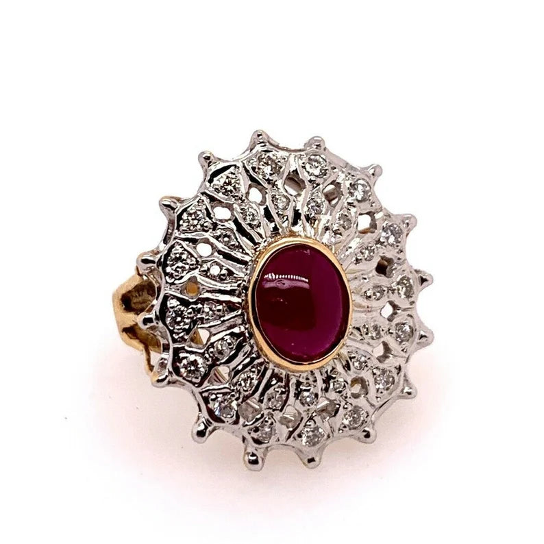 Retro Gold Cocktail Ring 2.40 Carat Natural Cabochon Ruby & Diamond Circa 1960