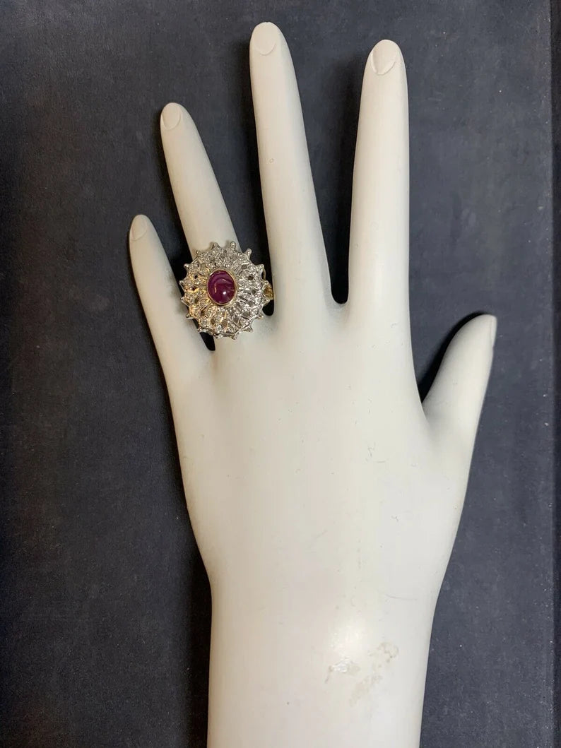 Retro Gold Cocktail Ring 2.40 Carat Natural Cabochon Ruby & Diamond Circa 1960