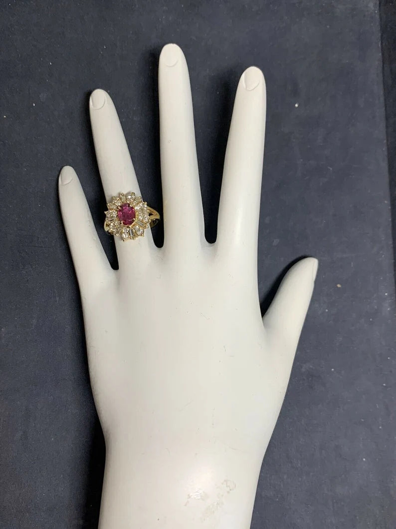 Retro Gold Cocktail Ring 1.85 Carat Natural Oval Gem Ruby & Diamond Circa 1960