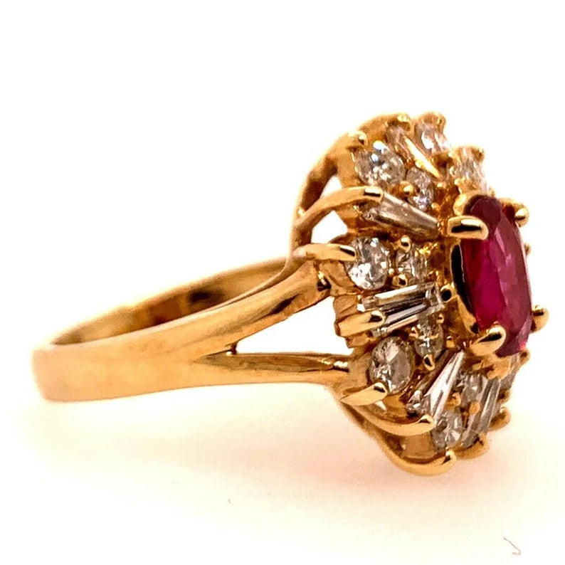 Retro Gold Cocktail Ring 1.85 Carat Natural Oval Gem Ruby & Diamond Circa 1960