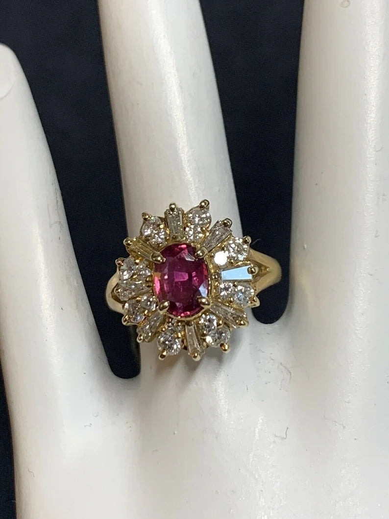 Retro Gold Cocktail Ring 1.85 Carat Natural Oval Gem Ruby & Diamond Circa 1960