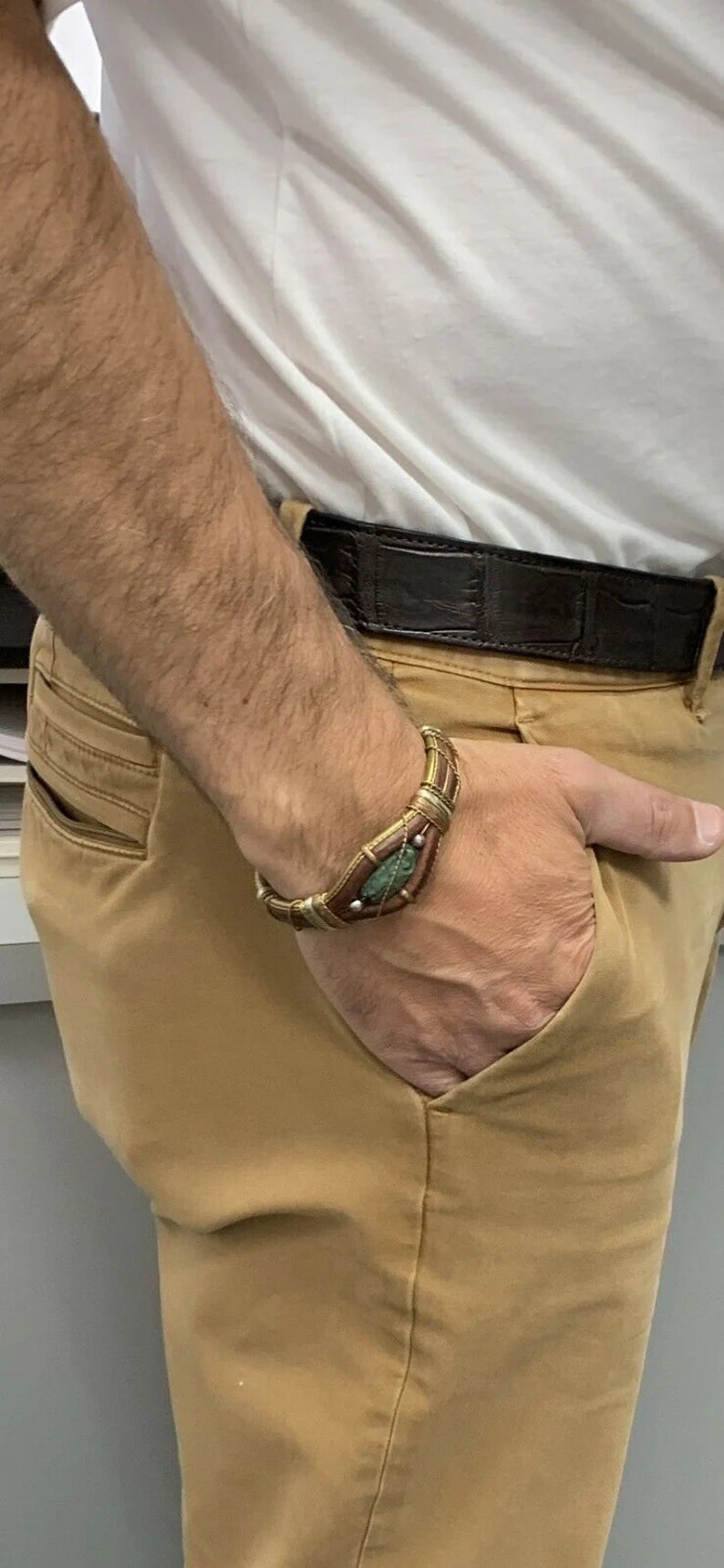 Mens Brown Leather Scarab Copper & Silver 925 Vintage Handmade Cuff Bracelet