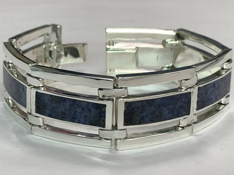 Mens Rare Vintage Mexico 950 Silver Bracelet Natural Sodalite Circa 1980