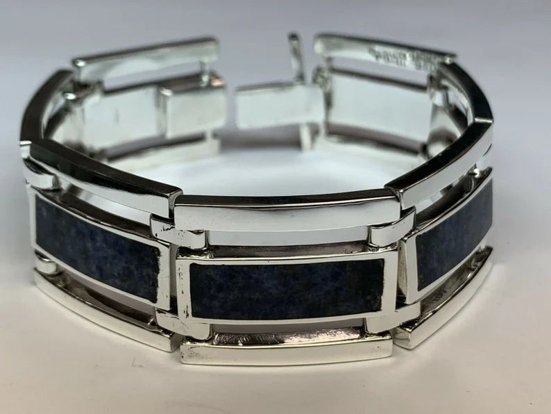 Mens Rare Vintage Mexico 950 Silver Bracelet Natural Sodalite Circa 1980