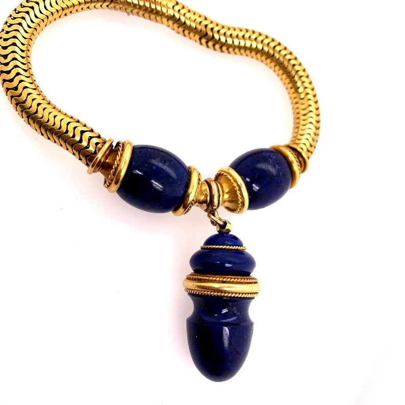 Retro Gold 22k Bracelet Natural Rare Lapis Lazuli Carving Circa 1940