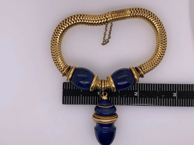 Retro Gold 22k Bracelet Natural Rare Lapis Lazuli Carving Circa 1940