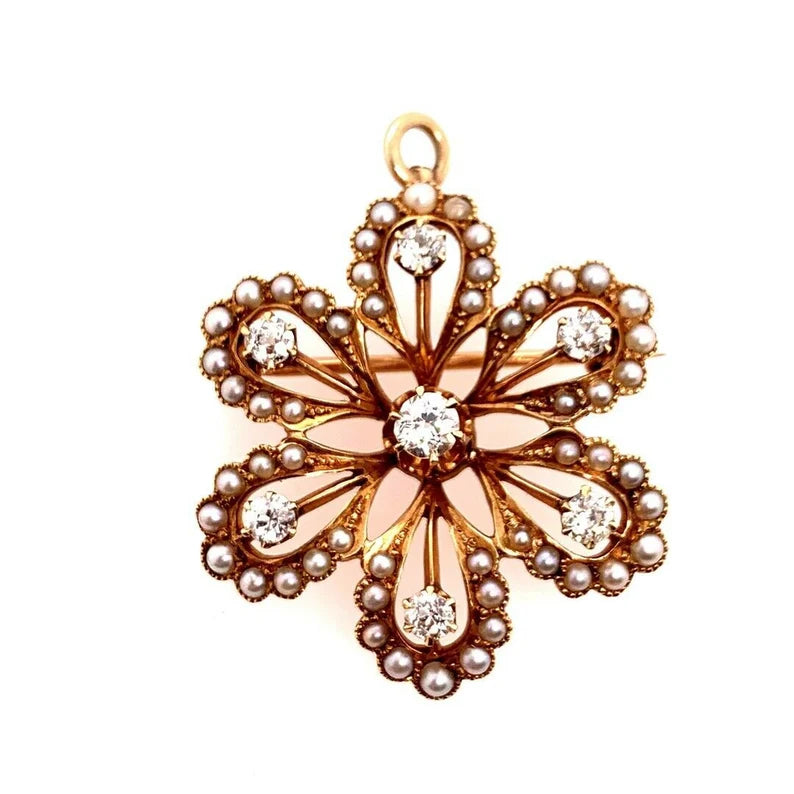 Victorian Gold Pendant & Brooche .65 Carat Natural Old Euro Diamond & Pearl Pin