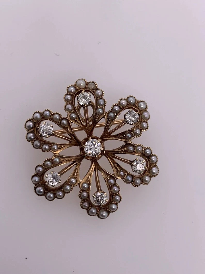 Victorian Gold Pendant & Brooche .65 Carat Natural Old Euro Diamond & Pearl Pin
