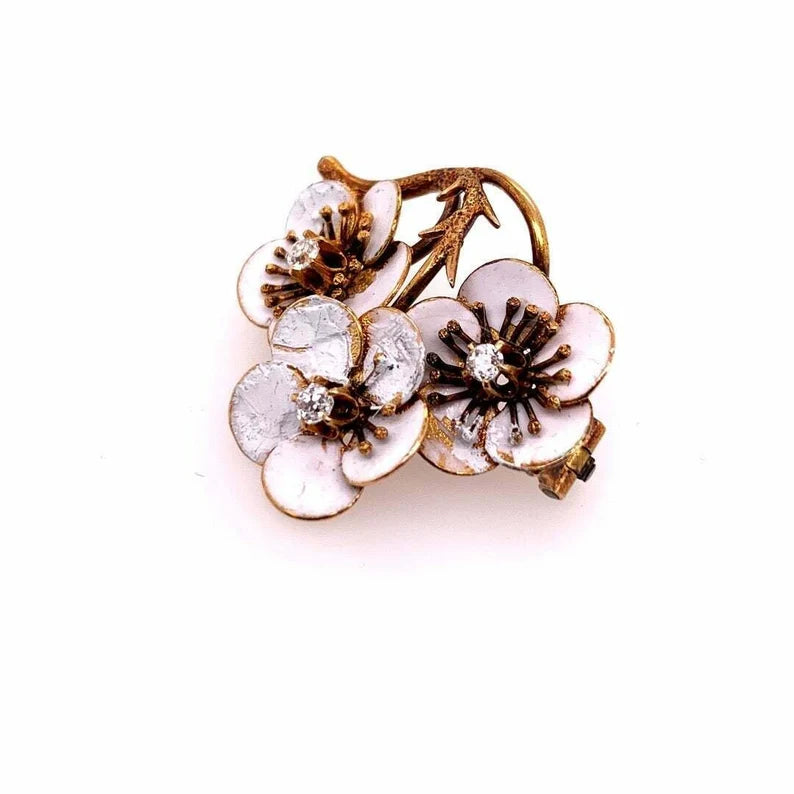 Victorian Gold Enamel Flower Brooche 0.12 Carat Natural Euro Diamond Circa 1920
