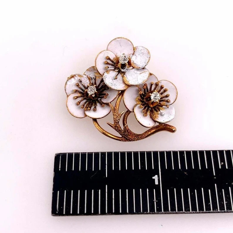 Victorian Gold Enamel Flower Brooche 0.12 Carat Natural Euro Diamond Circa 1920