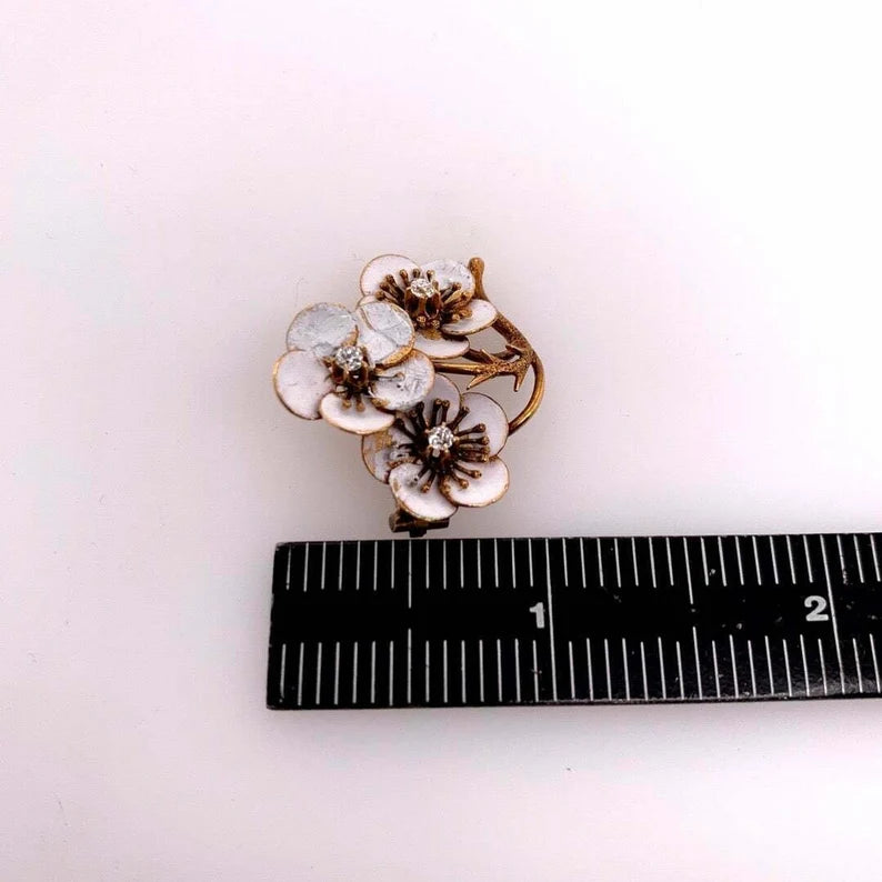 Victorian Gold Enamel Flower Brooche 0.12 Carat Natural Euro Diamond Circa 1920