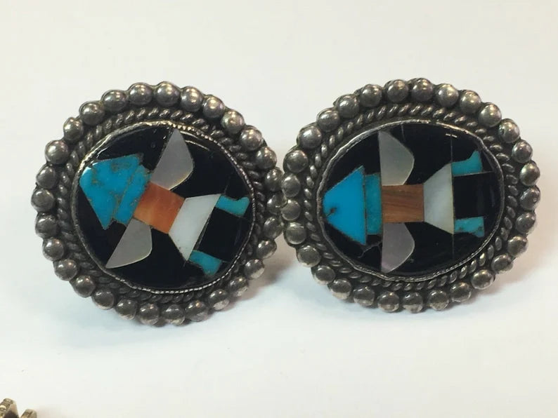 RARE Estate Sterling 925 Silver Native Vintage Earring SET 25.4g Inlay Gem Stone