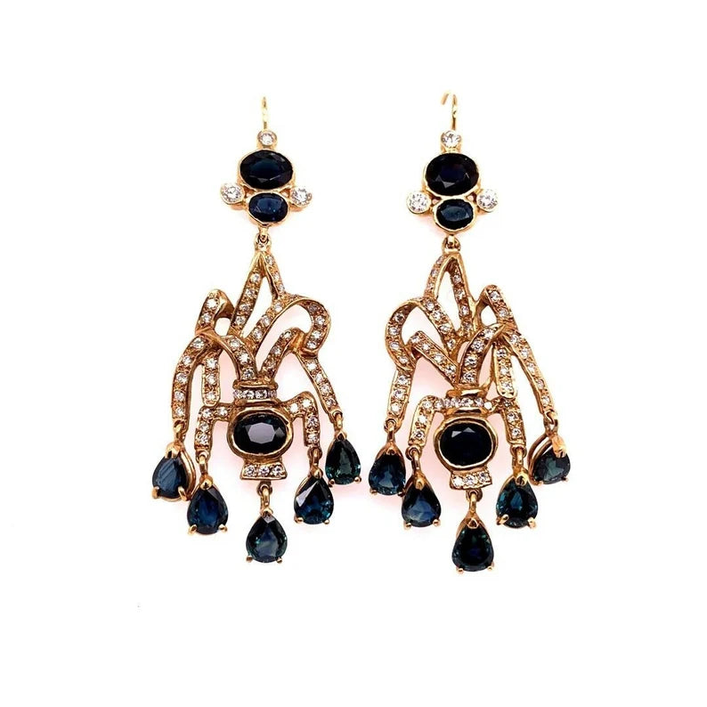 Retro Gold Earrings 30 Carat Natural Deep Blue Sapphire & Diamond Circa 1950