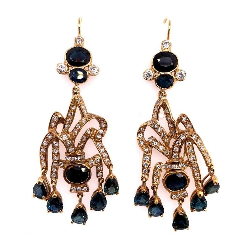 Retro Gold Earrings 30 Carat Natural Deep Blue Sapphire & Diamond Circa 1950