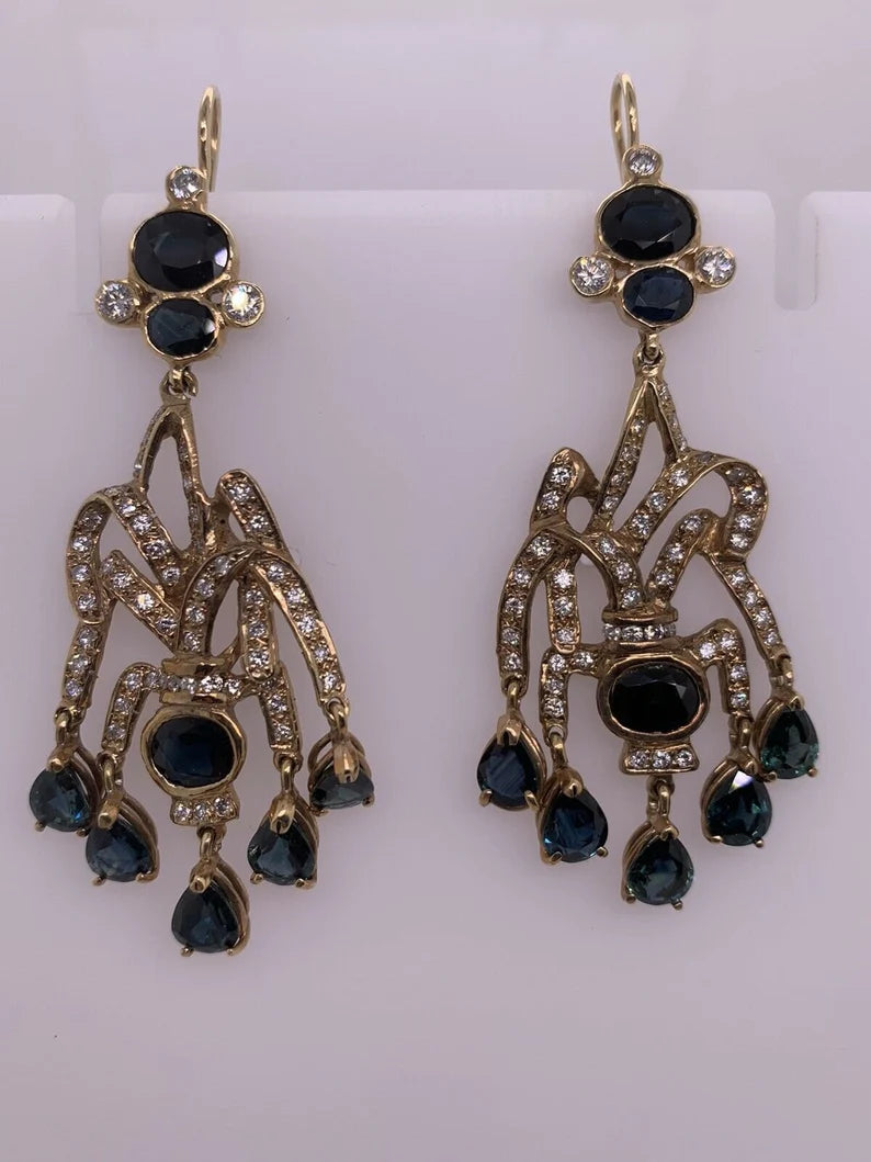 Retro Gold Earrings 30 Carat Natural Deep Blue Sapphire & Diamond Circa 1950