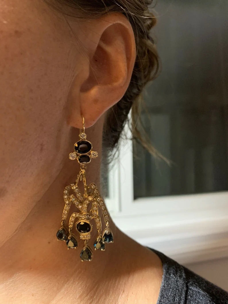 Retro Gold Earrings 30 Carat Natural Deep Blue Sapphire & Diamond Circa 1950