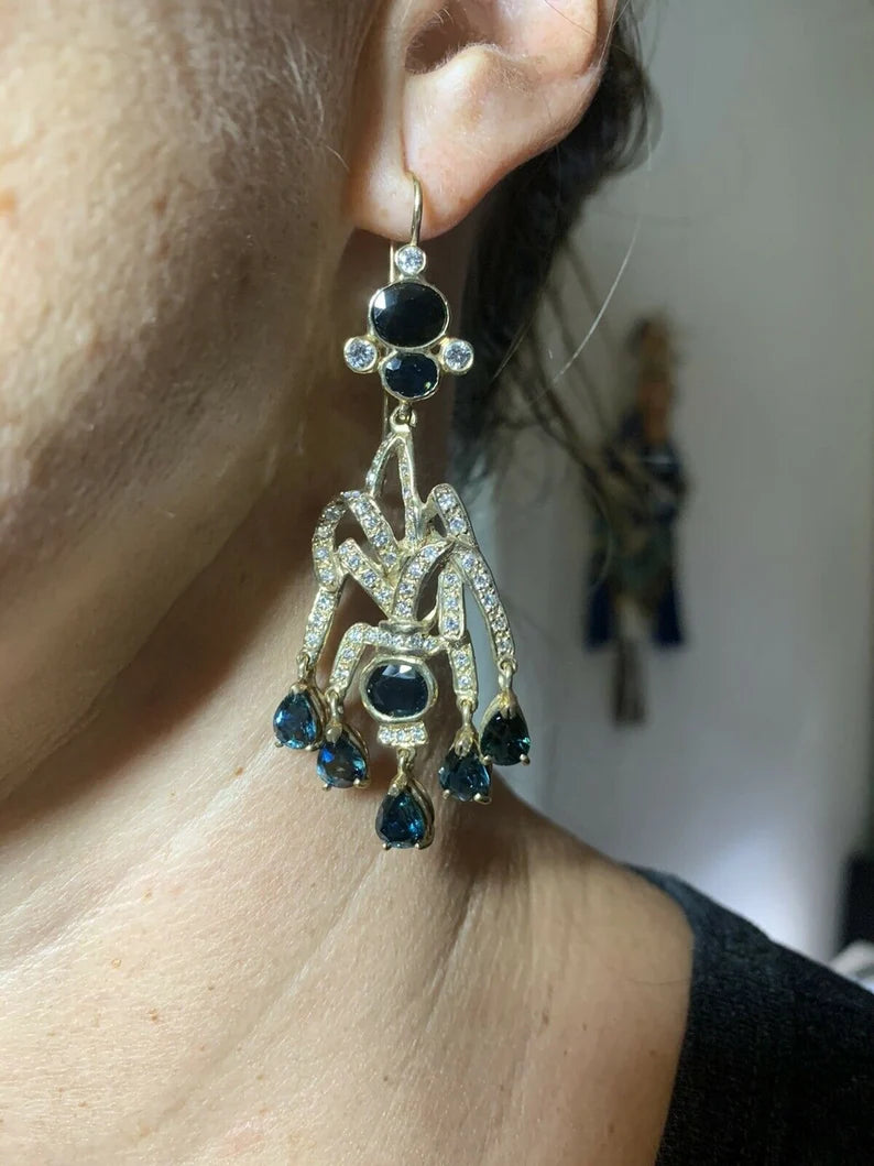Retro Gold Earrings 30 Carat Natural Deep Blue Sapphire & Diamond Circa 1950