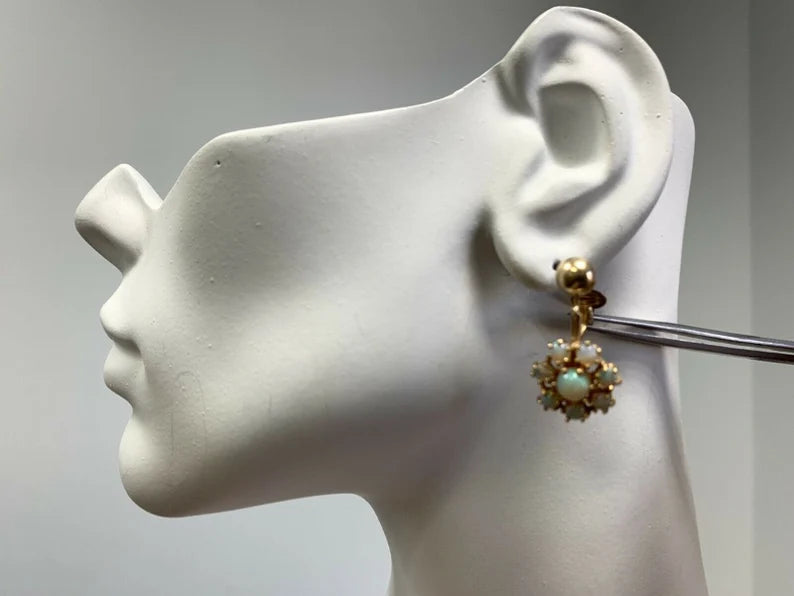 Vintage Gold Natural Opal Earrings Gem Stone Circa 1980