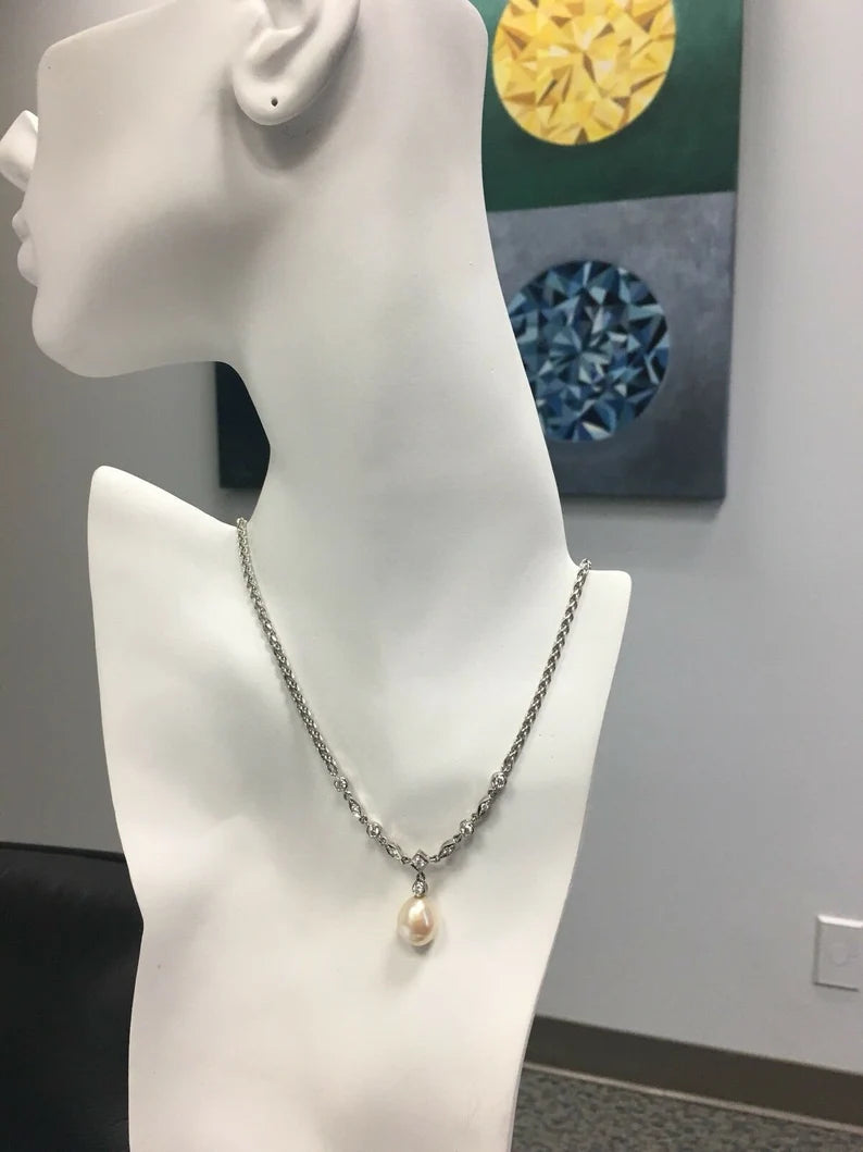 Rare Estate Vintage 14k 22g Gold 0.50ct Diamond Pearl Antique Necklace Gem Stone
