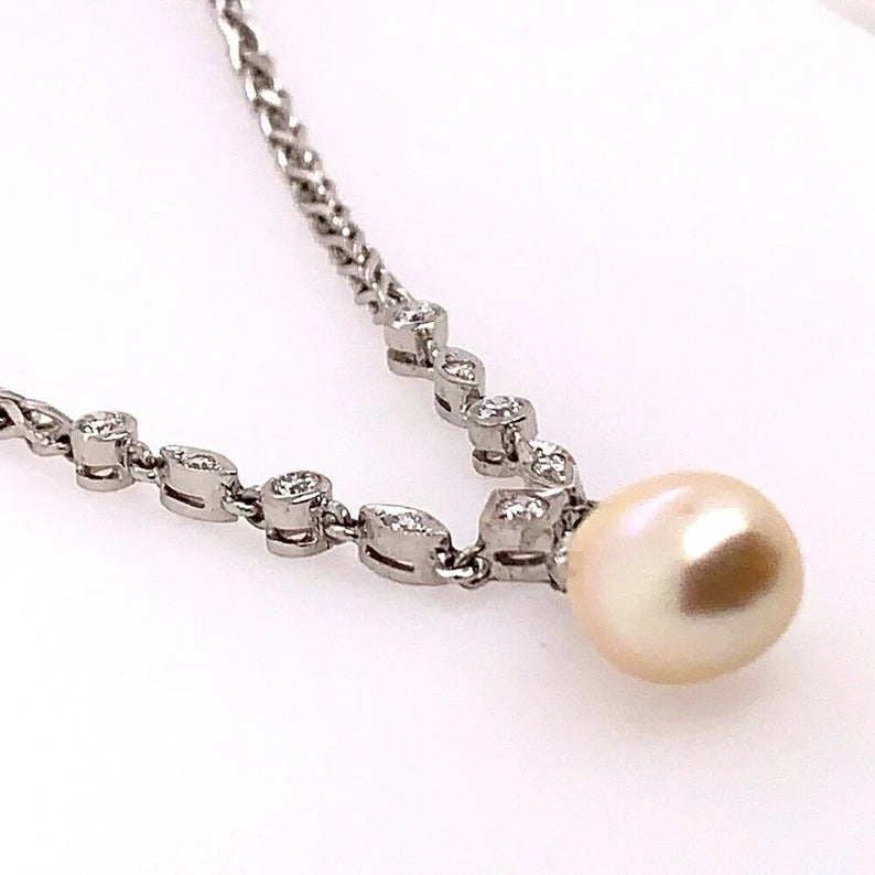 Rare Estate Vintage 14k 22g Gold 0.50ct Diamond Pearl Antique Necklace Gem Stone