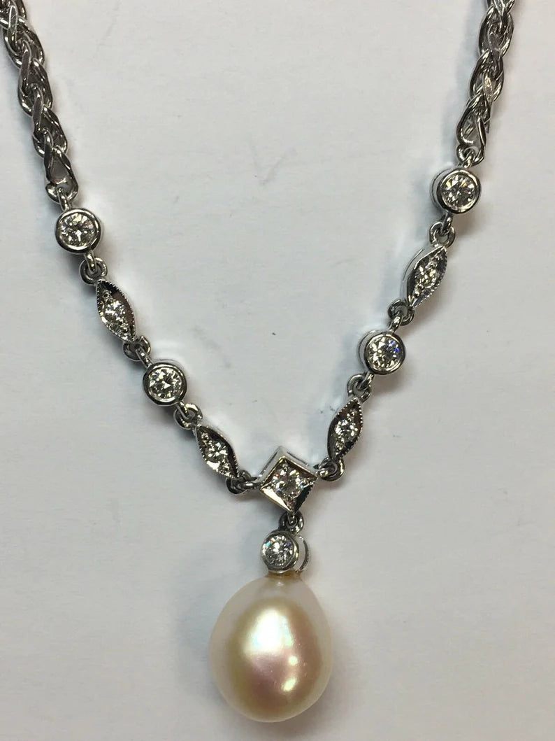 Rare Estate Vintage 14k 22g Gold 0.50ct Diamond Pearl Antique Necklace Gem Stone