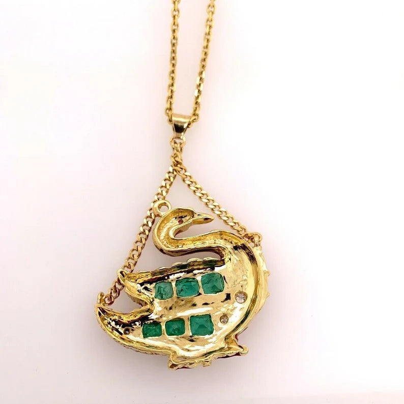 GIA Certified Gold Swan Pendant 6.50 Carat Natural Colombian Emerald Circa 1950