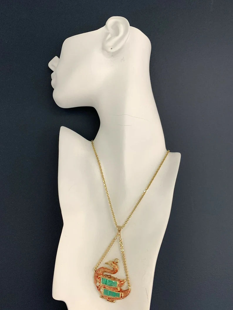GIA Certified Gold Swan Pendant 6.50 Carat Natural Colombian Emerald Circa 1950