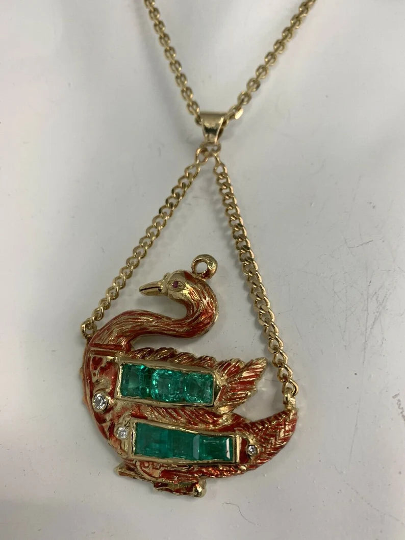 GIA Certified Gold Swan Pendant 6.50 Carat Natural Colombian Emerald Circa 1950