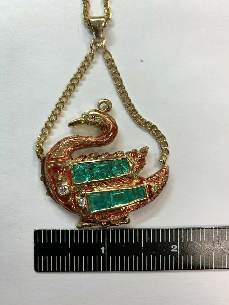 GIA Certified Gold Swan Pendant 6.50 Carat Natural Colombian Emerald Circa 1950