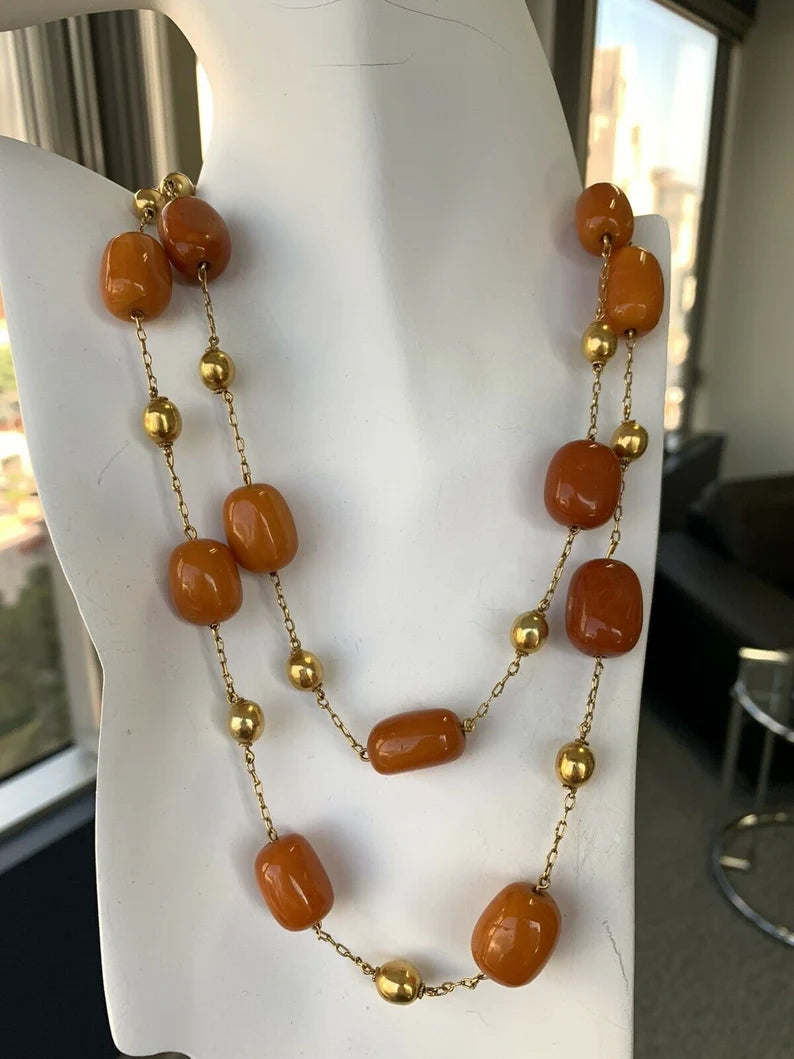 Gold Retro 38" Natural Butterscotch Egg Yolk Amber Gem Necklace Bead Circa 1950