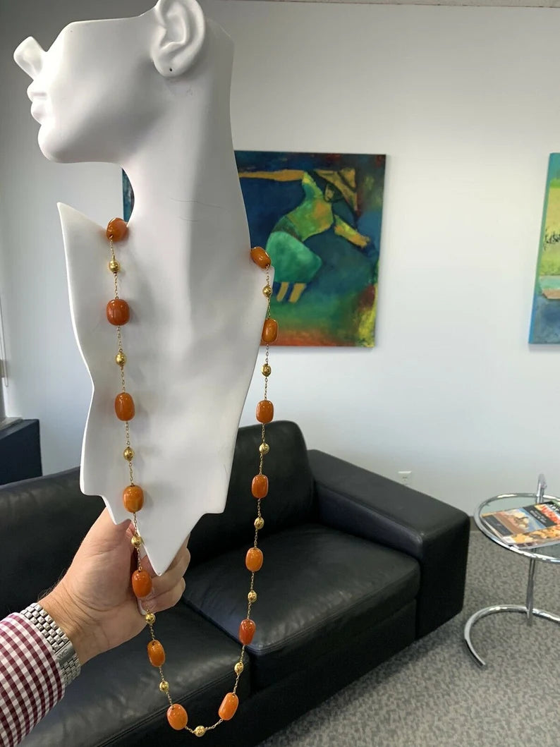 Gold Retro 38" Natural Butterscotch Egg Yolk Amber Gem Necklace Bead Circa 1950