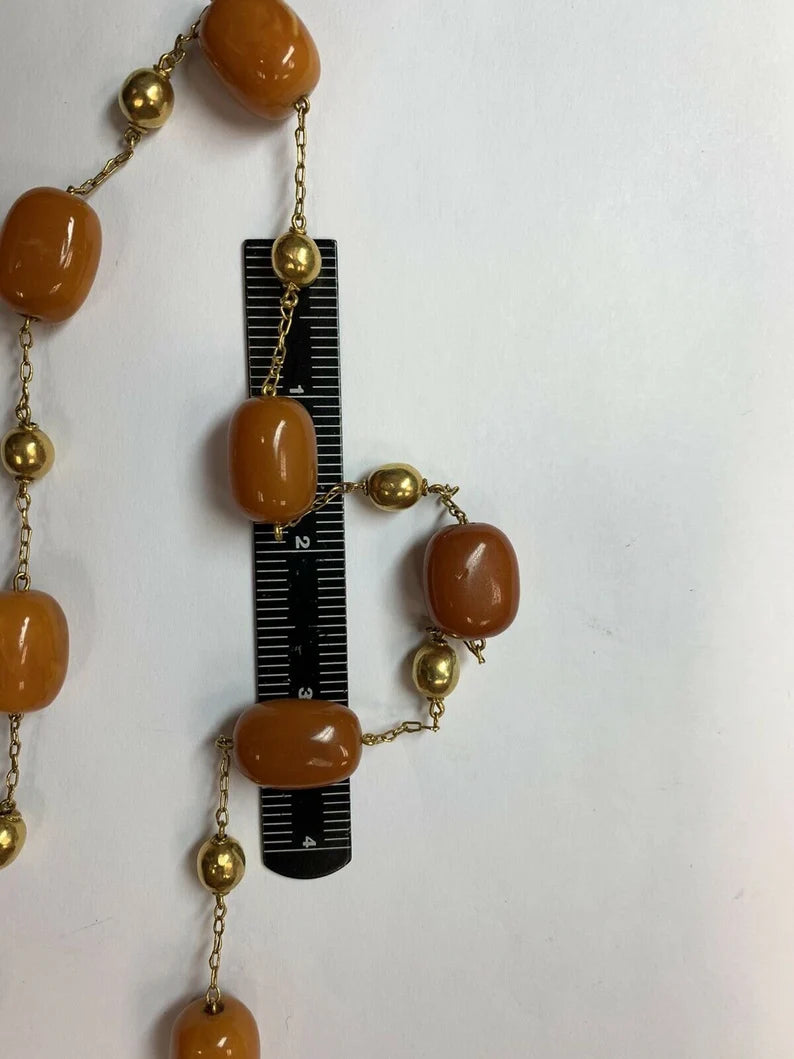 Gold Retro 38" Natural Butterscotch Egg Yolk Amber Gem Necklace Bead Circa 1950