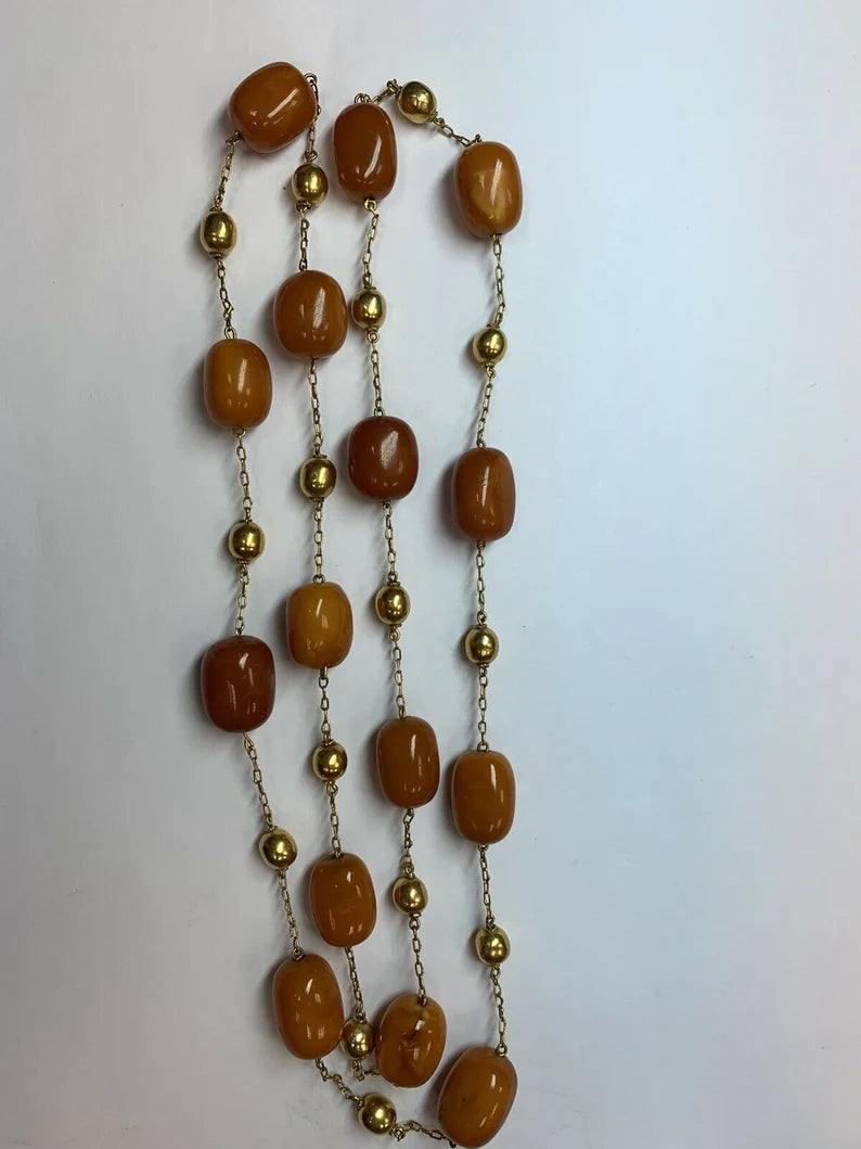 Gold Retro 38" Natural Butterscotch Egg Yolk Amber Gem Necklace Bead Circa 1950