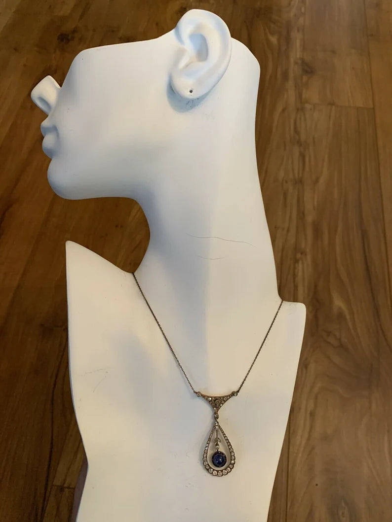 Edwardian Silver Pendant 2 Carats Natural Old Mine Diamond & Sapphire Circa 1910