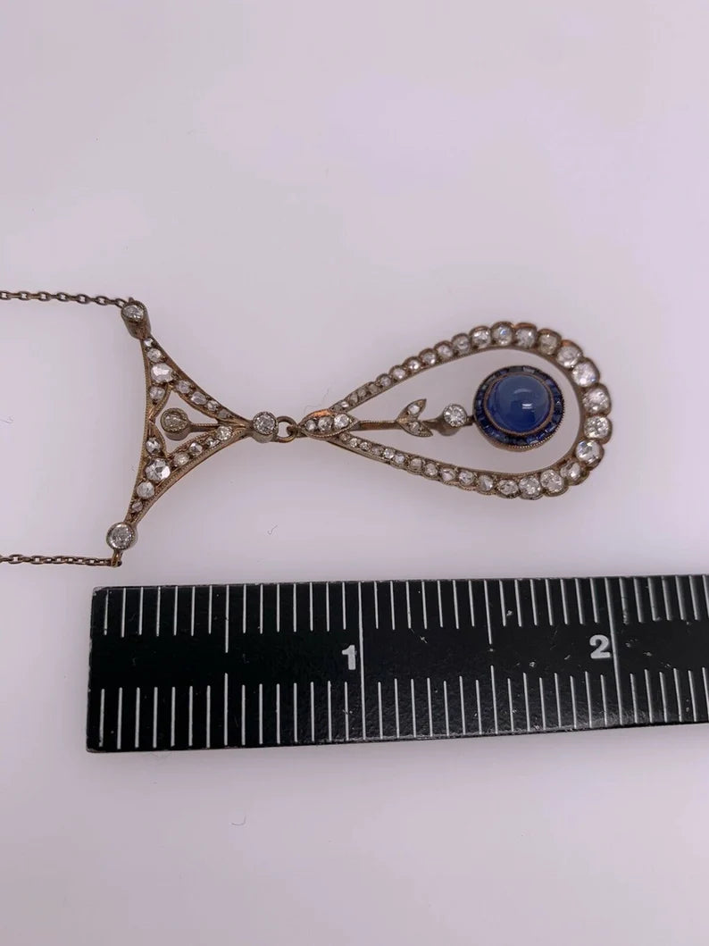 Edwardian Silver Pendant 2 Carats Natural Old Mine Diamond & Sapphire Circa 1910