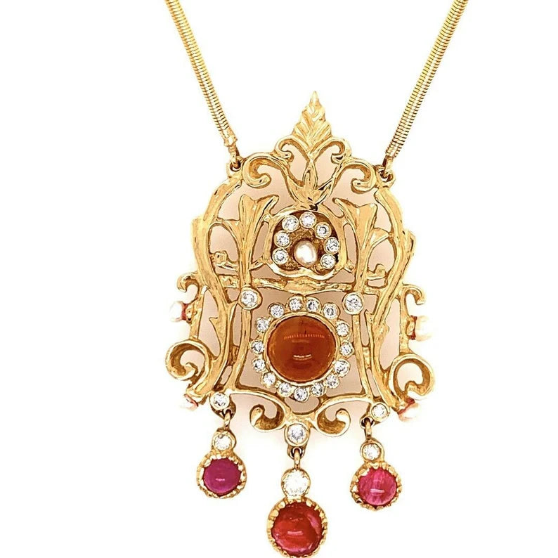 Retro Gold Pendant 6 Carat Natural Diamond, Ruby, Quartz Gemstone Circa 1960