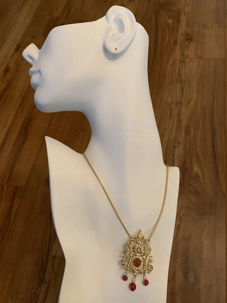 Retro Gold Pendant 6 Carat Natural Diamond, Ruby, Quartz Gemstone Circa 1960