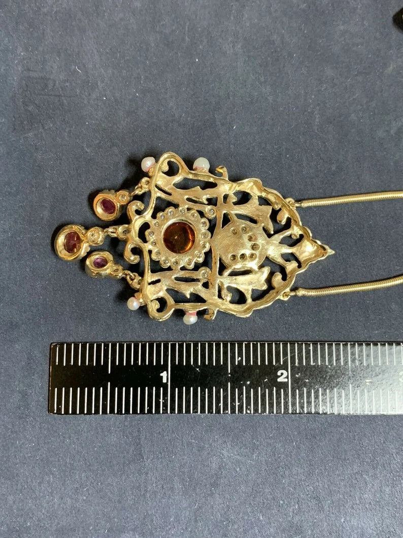 Retro Gold Pendant 6 Carat Natural Diamond, Ruby, Quartz Gemstone Circa 1960