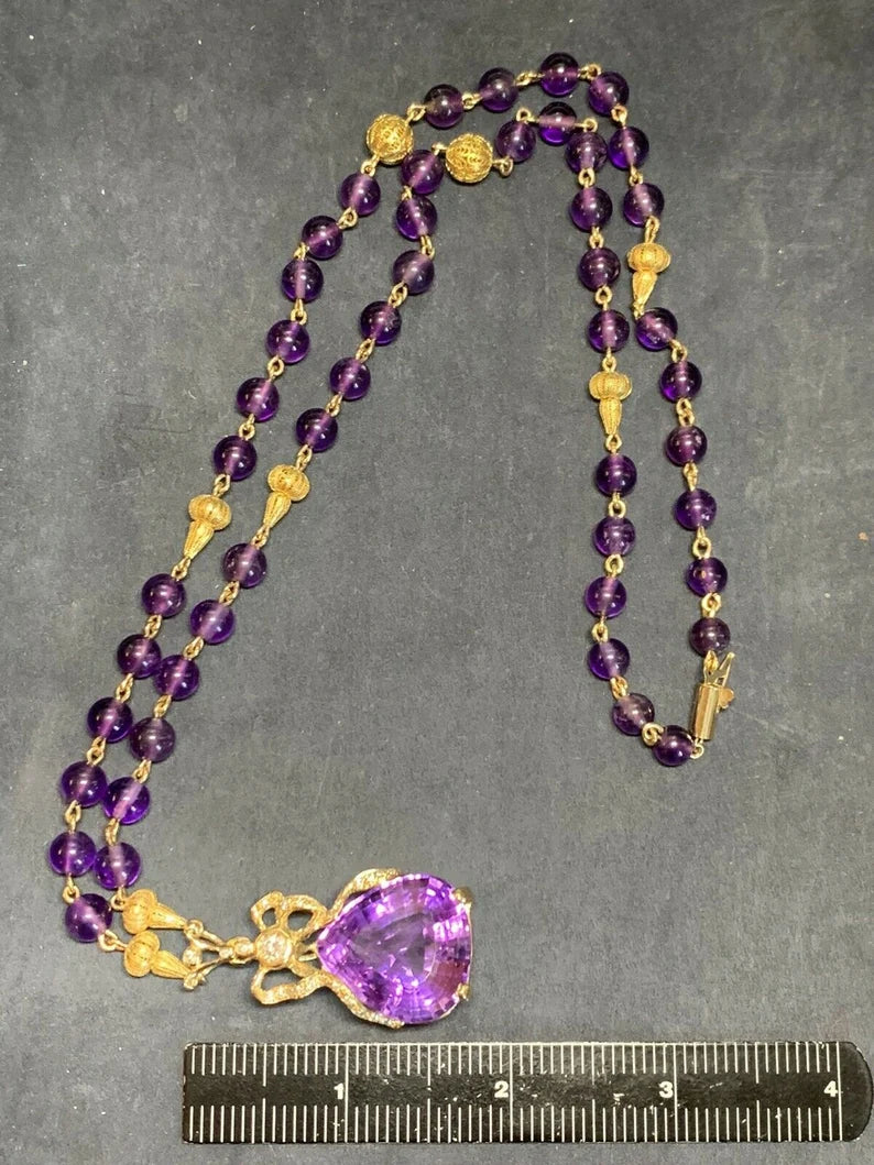 Retro Gold 35 Carat Natural Amethyst & Diamond Pendant Necklace Circa 1960