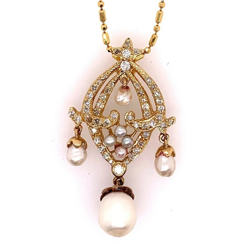Retro Gold Pendant 0.70 Carat Natural Round Diamond & Pearl Circa 1950