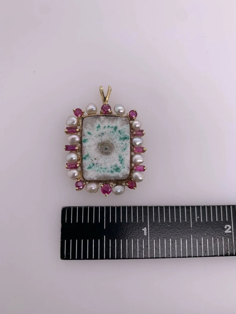 Retro Gold Pendant 0.75 Carat Natural Ruby, Pearl & Geode Quartz Circa 1980