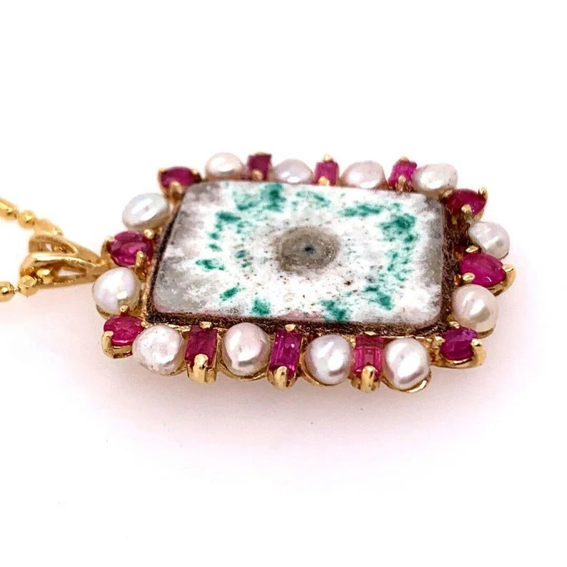Retro Gold Pendant 0.75 Carat Natural Ruby, Pearl & Geode Quartz Circa 1980