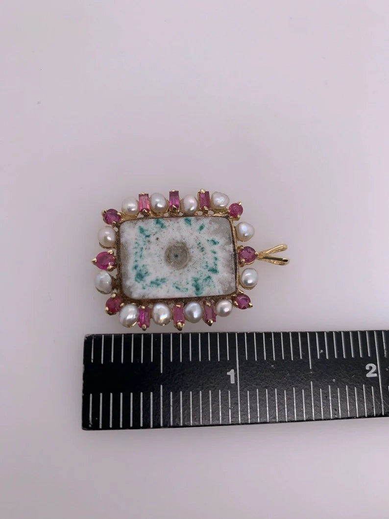 Retro Gold Pendant 0.75 Carat Natural Ruby, Pearl & Geode Quartz Circa 1980