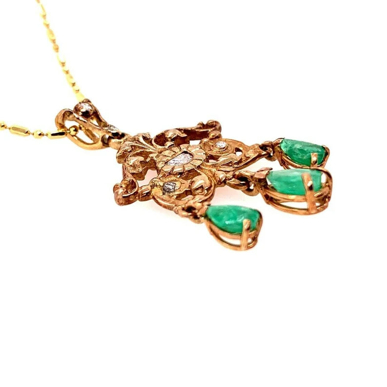 Retro Gold Pendant 1.80 Carat Natural Diamond & Emerald Gem Stone Circa 1960