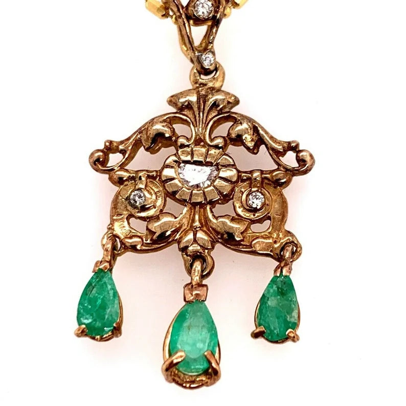 Retro Gold Pendant 1.80 Carat Natural Diamond & Emerald Gem Stone Circa 1960