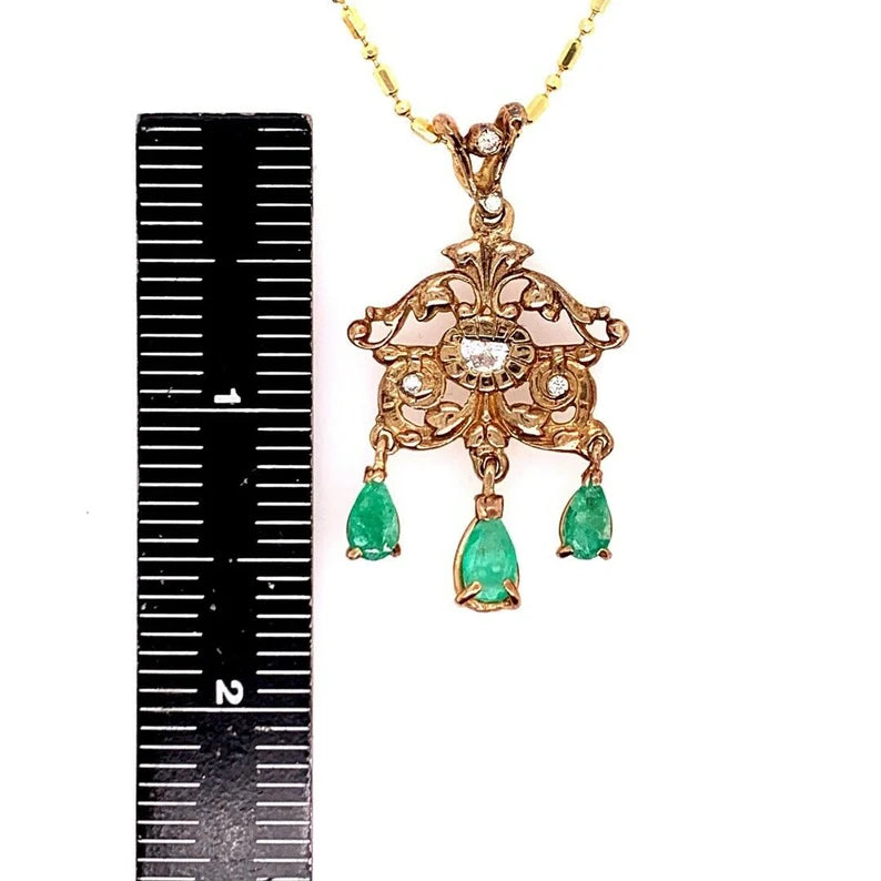 Retro Gold Pendant 1.80 Carat Natural Diamond & Emerald Gem Stone Circa 1960