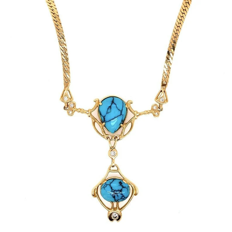 Retro Gold Natural Turquoise Gem .75 Carat Colorless Diamond Necklace Circa 1950