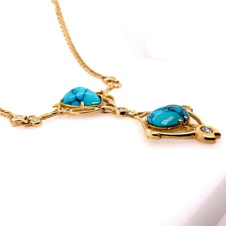 Retro Gold Natural Turquoise Gem .75 Carat Colorless Diamond Necklace Circa 1950