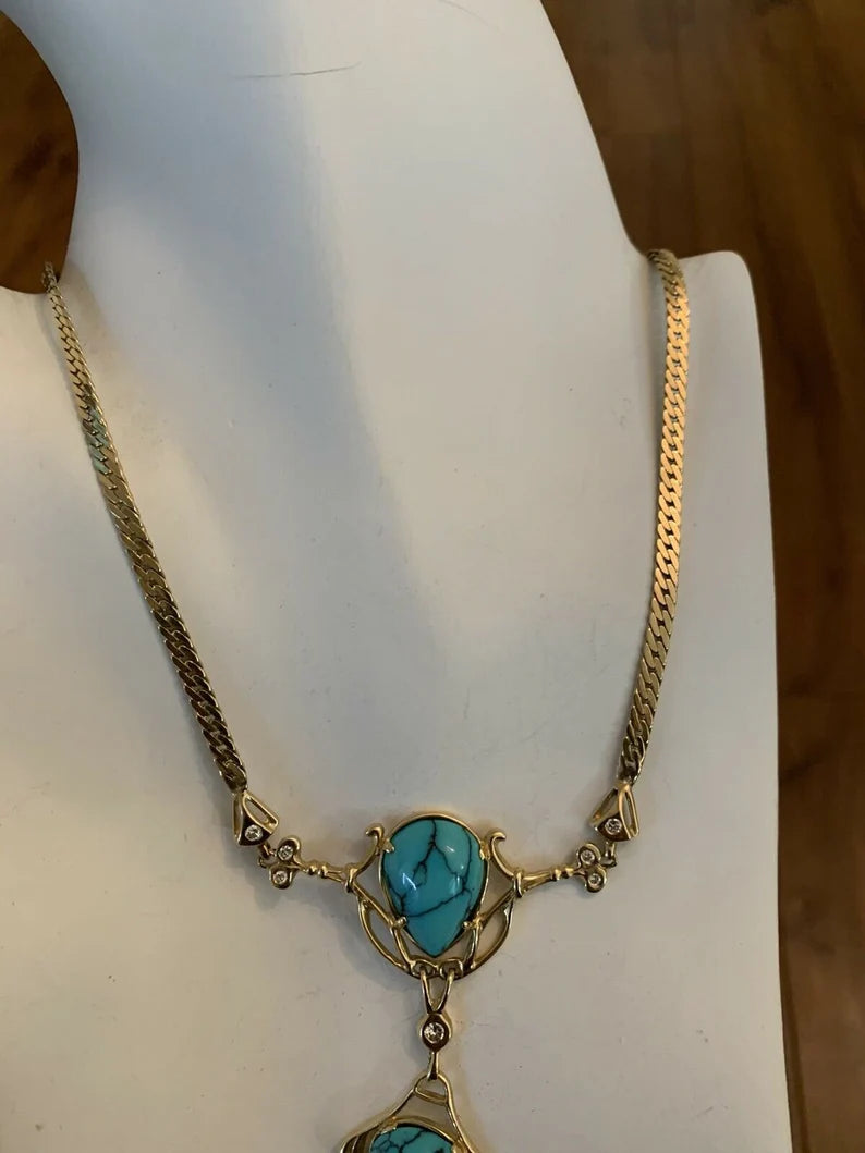 Retro Gold Natural Turquoise Gem .75 Carat Colorless Diamond Necklace Circa 1950